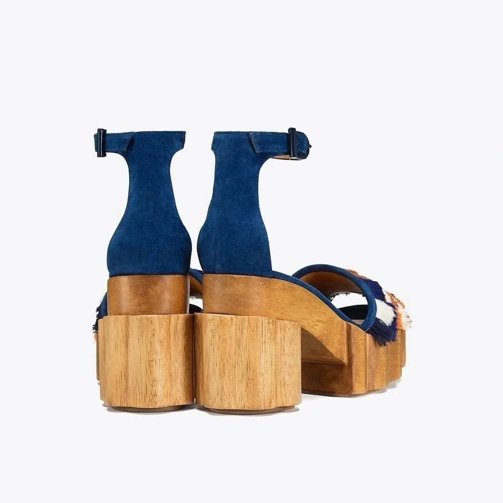 Tory Burch Alma Platform Sandals Heels Size 7 Fringe Suede Wooden Block Heel